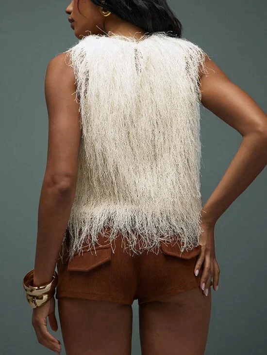 Apricot Casual Women's Sexy Boho Party Sleeveless Long Faux Fur Fringe Vest Top - Picture 2 of 5